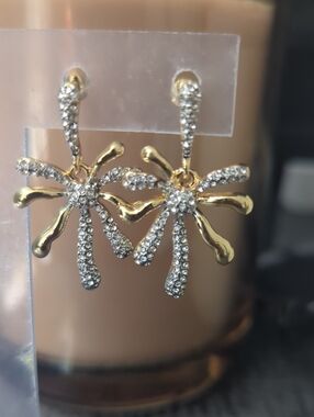 Gold and Crystal Flower Burst Drop Earrings - Women Jewelry